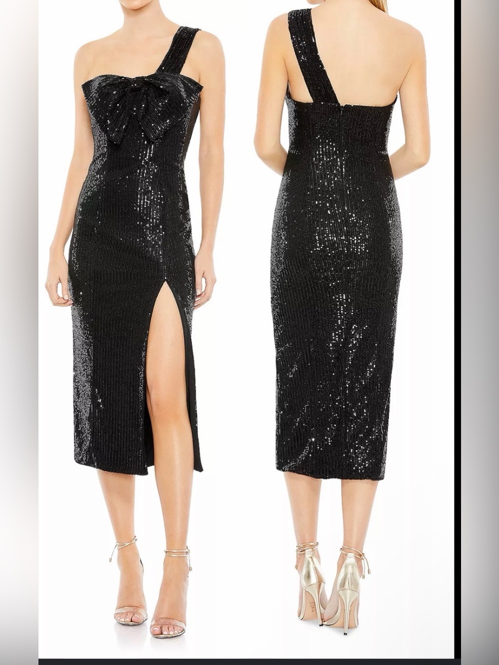 IEENA FOR MAC DUGGAL 11286
Black Sequined One Shoulder Front Bow Dress